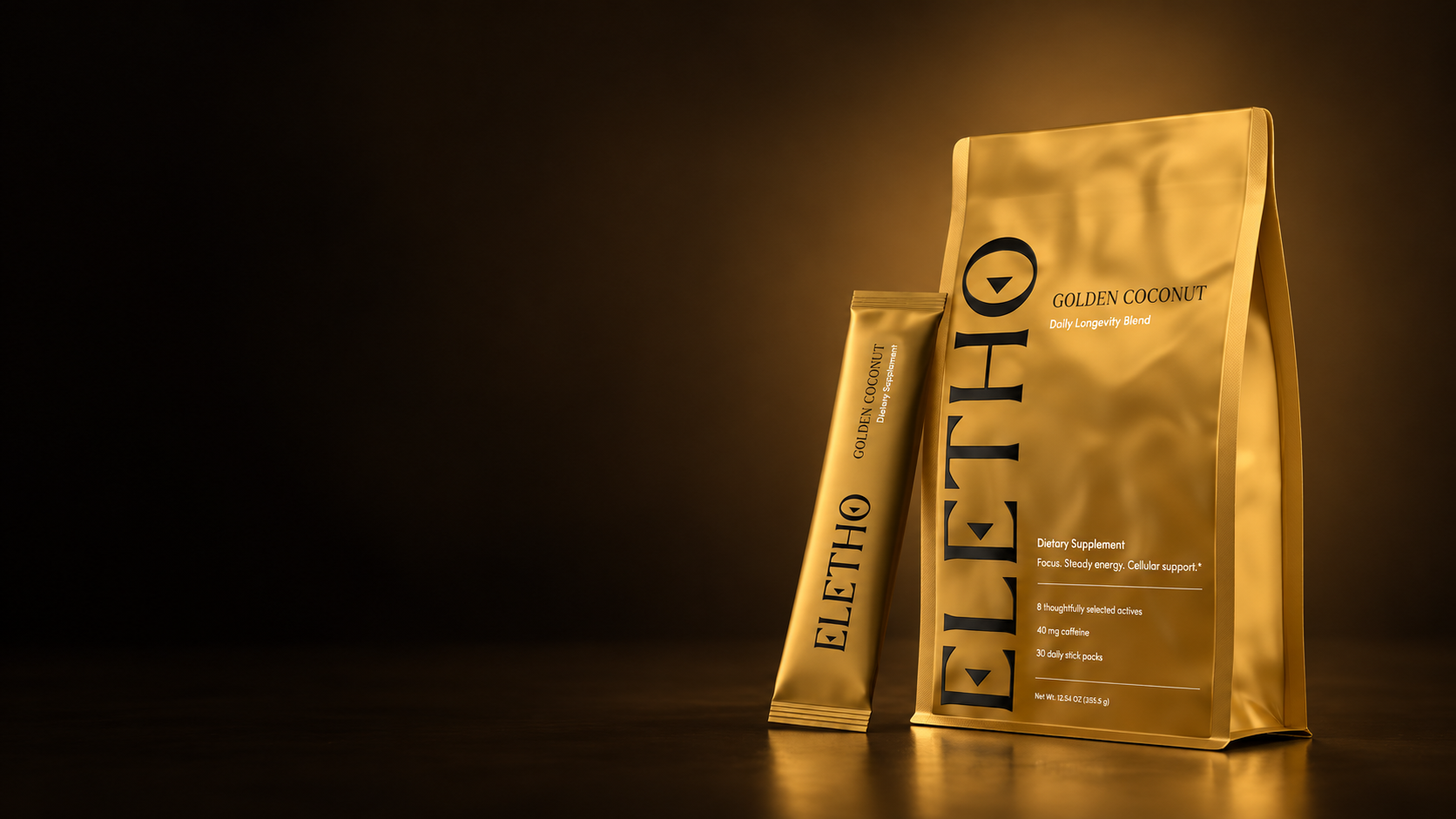 ELETHO Golden Coconut pouch and daily stick in the original gold product scene